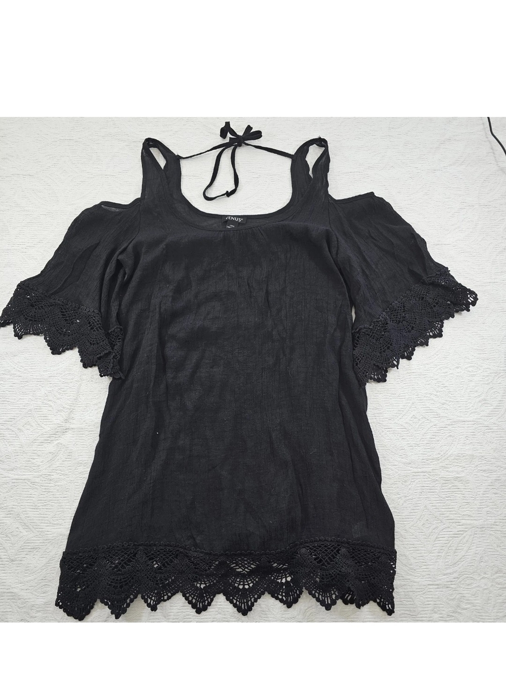 Venus Top Tunic Beach Black L Whimsical Lacy Bell Sleeve Semi Sheer Witchy Goth